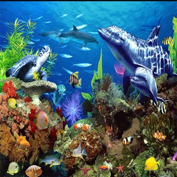 Vlastné Nástenné Tapety 3D Plastický Non-tkané Realisticky Žralok, Delfín Ryby pod vodou Modrý Oceán Foto nástennú maľbu Gauč TV Pozadie