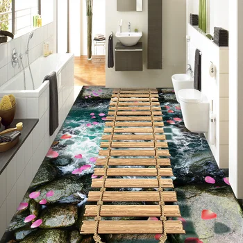 Vlastné Tapetu 3D Podlahy, Maľby Drevený Most A Tečúcej Vody, Podlahové nástennú maľbu Kúpeľňa Nepremokavé samolepiaci Papier na Stenu
