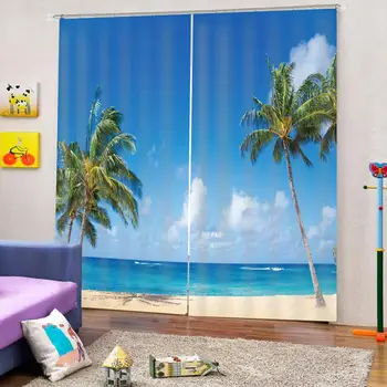 Vlastné záclony Scenérie blue Beach záclony Tlač Fotografií Zatmenie 3D Závesy pre Obývacia Izba posteľná bielizeň Miestnosť Hotel