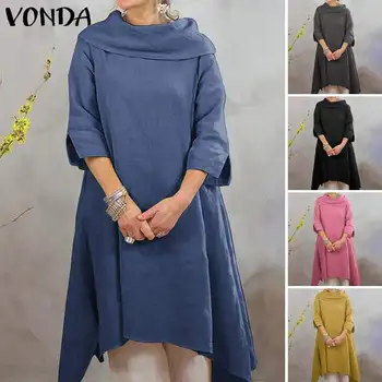 VONDA Jeseň Šaty 2021 Ženy Vintage Bavlna Pevné Nepravidelný podkolienok Šaty Príležitostné Voľné Strany Vestidos Plus Veľkosť Oblečenie Femme