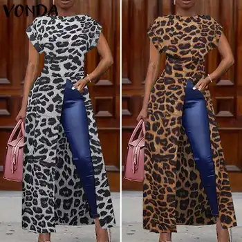 VONDA Leopard, Blúzky A Topy Ženy Vintage Vytlačené Košele 2021 Letná Tunika Office Dovolenku Split Lem Strany Topy Plus Veľkosť Blusa