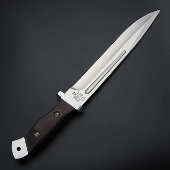 Vonkajšie Prežitie Nôž Full Tang Pevnou Čepeľou Noža Oblasti Jungle Lovecké Nože Drevená Rukoväť 59HRC s Kožený Plášť