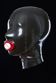 Vyrobené z 0,4 mm hrúbka prírodné bdsm latex kapota otroctva s kondóm dizajn v pevnej čierna farba