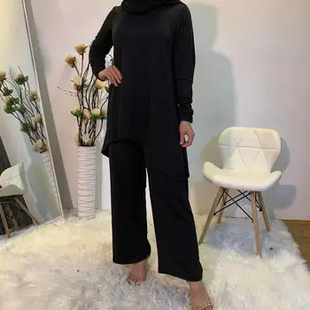 Vysoko Kvalitné hladké tkaniny Moslimských vyhovuje ženskej Farbou Dva kusy Topy + elastický pás Nohavíc, Singapur, Turecko Oblečenie F1883