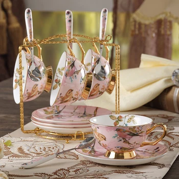 Vysoko kvalitné kosti čína šálku kávy nastaviť tvorivé keramické zlatý vták vzor afternoon tea cup set s lyžicou tanier šálky kávy