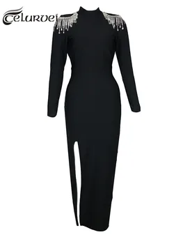Vysoko Kvalitné Čierna Dlhý Rukáv Backless Dlho Rayon Obväz Šaty Elegantné Večerné Party Šaty Vestidos