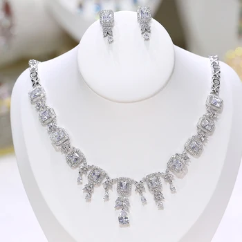 Vysoká kvalita cubic zirconia štvorcový zirkón dámy svadobný náhrdelník a náušnice, šperky set svadobné oblečenie doplnky strany