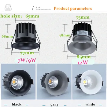 Vysoká kvalita kolo Stmievateľné recesse LED Svietidlá 7W 9W 12W COB LED Stropné Svietidlo Bodové Svetlá AC110-220V Vnútorné Osvetlenie