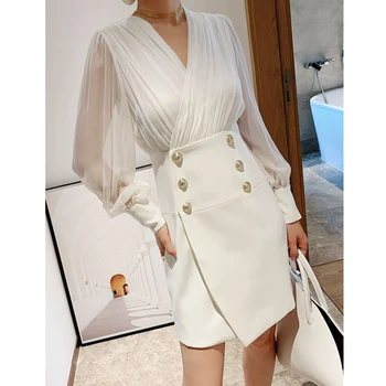Vysoká kvalita OL elegantného tvaru bodycon mini šaty tlačidlá pohľadu svietidla rukáv patchwork slim šaty bielej na čiernu y636
