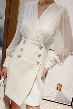 Vysoká kvalita OL elegantného tvaru bodycon mini šaty tlačidlá pohľadu svietidla rukáv patchwork slim šaty bielej na čiernu y636