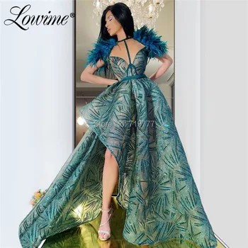 Vysoká Nízka Zelená Prom Šaty Perie Couture Africká Strana Zdobiť 2020 Saudskej Arabčina Vestido De Festa Večerné Šaty Pre Svadby
