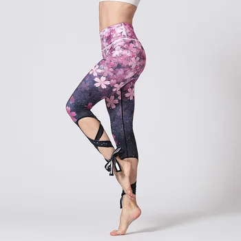 Vysoký Pás Jóga Nohavice Ženy Čerešňový Kvet Tlač Obväz Športové Legíny so Systémom Tanečné Cvičenie Tesný Cvičenie Push Up Nohavice XL