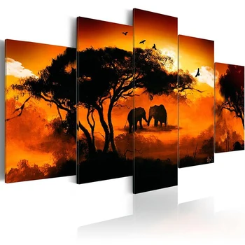 Vytlačí Maľovanie Modulárny Obrázkov 5 Ks Plátno Žirafa, Slon Krajiny Plagát Na Stenu Umenie Domova Moderné Posteli Pozadí