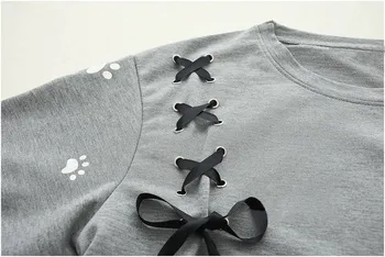 Výšivky Tshirt O-krku Voľné Kawaii Cat T-Košele Dámske Jesenné Japonsko Tričká Dlhý Rukáv Harajuku Roztomilý Tričko Streetwear Dievča