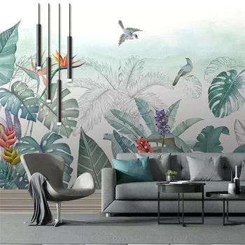Wellyu Nordic ručne maľované malé čerstvé tropické rastliny, kvety a vtáky pozadí nástenné maľby vlastné veľké nástenné tapety