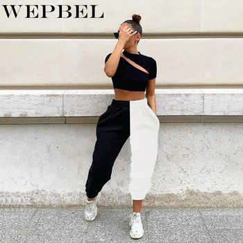 WEPBEL Elastické Hip Hop Nohavice Kpop Bežné Tepláková súprava Joggers Športové Nohavice Ženy Vysoký Pás Čierne Biele Panelled Nohavice