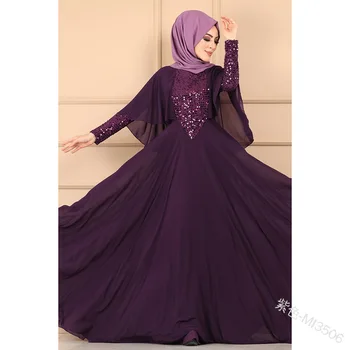 Wepbel Plus Veľkosť Big Swing Abaya Sequin Ženy Moslimské Oblečenie Dubaj Tlač Dlhý Rukáv Župan Šifón Šatkou Vysoký Pás Maxi Šaty