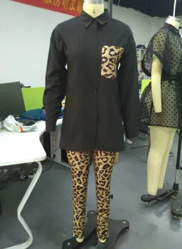 WEPBEL Wome Dve Kus Oblečenie s Dlhým Rukávom Dlho Hore a Leopard Tlač Módne Nohavice jednofarebné 2 Dielna Sada Ženy Bez Pásu