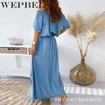 WEPBEL Ženy Sexy Mimo Ramenný Džínsové Šaty Bežné Modrá Vysoký Pás Dlhé Maxi Šaty Plus Veľkosť