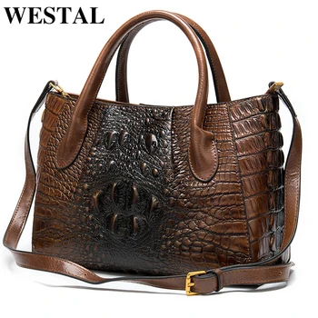 WESTAL žien originálne kožené kabelky ženy dámy taška vzor Krokodílej kabelky dizajnér tote-rukoväť tašky, aktovky žena
