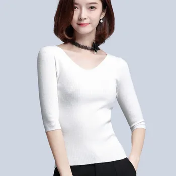 White T Tričko, Polovičný rukáv V krku T Košele Pre Ženy Kórea štýl Pletené Dámske Topy Bežné