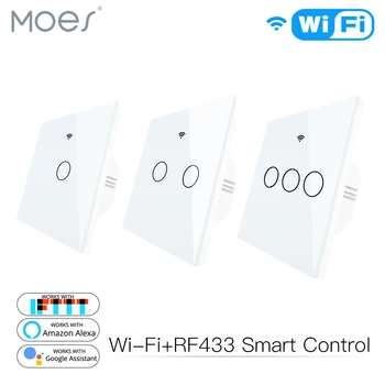WiFi Smart Light Switch Diaľkové Ovládanie Sklenený Panel Tuya APP Pracuje S Alexa Echo Domovská stránka Google RF433 EÚ Typ Biela Dotyk