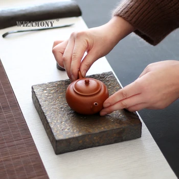 WIZAMONY Ručné Surový Keramika Čierna Glazúra Zlatá Čaju Zásobník Čaj Trivets Námestie Vody Držiteľ Japonský Štýl Suché Variť čaj Stôl
