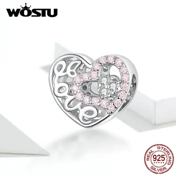 WOSTU 925 Sterling Silver Láska Srdce Korálky Zirkón Ružový Openwork Charms Fit Originálny Náramok Prívesok Pre Ženy Šperky BKC1301