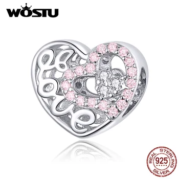WOSTU 925 Sterling Silver Láska Srdce Korálky Zirkón Ružový Openwork Charms Fit Originálny Náramok Prívesok Pre Ženy Šperky BKC1301
