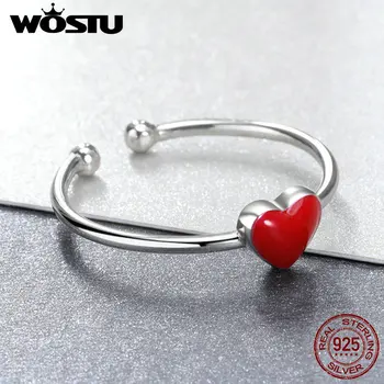 WOSTU Moderný Dizajn 925 Sterling Silver Roztomilé Červené Srdce Otvorené Prstene Pre Ženy, Jemné Šperky Nastaviteľný Krúžok Vianočné Darčeky CSR156