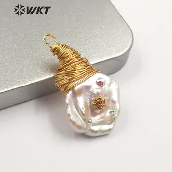 WT-JP167 WKT Prírodné Perlový Prívesok Zlaté elektrolyticky pokrývajú Drôt Zabalené Perla S Kvetom Prívesok Ženy Módny Prívesok Šperky