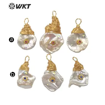 WT-JP167 WKT Prírodné Perlový Prívesok Zlaté elektrolyticky pokrývajú Drôt Zabalené Perla S Kvetom Prívesok Ženy Módny Prívesok Šperky