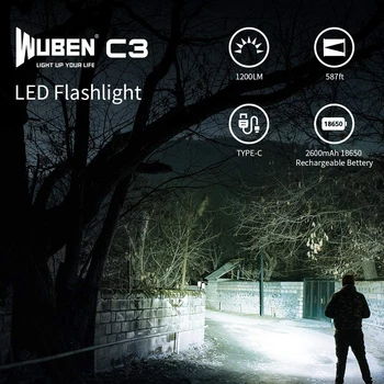 WUBEN C3 LED Baterka USB C Nabíjateľné Baterky 1200 Lúmenov IP68 Vodotesné Svietidlo svietidlo s 18650 2600 mAH Batéria
