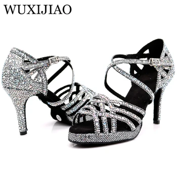 WUXIJIAO Nový Silver black latinské tanečné topánky dámy salsa drahokamu tanečné topánky dámy ballroom dance topánky na podpätku 5 cm-10 cm