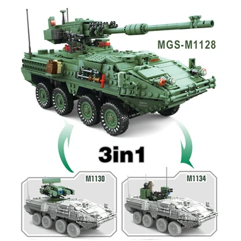 WW2 Moden NÁS Armády Tank Vojenské MGS-M1128 Obrnených Vozidiel Nastaviť 1672Pcs 3in1 Tvorca Modelu Stavebné kamene, Tehly, Hračky pre Deti, Chlapci