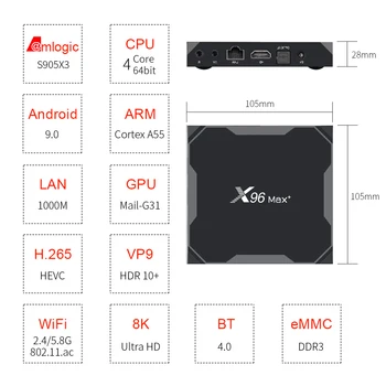 X96 Max Plus Android 9.0 Smart TV BOX 4 GB/64 GB TVBOX Amlogic S905X3 H. 265 4K 2.4 G 5G WiFi Media Player Set-Top Box, Max X96
