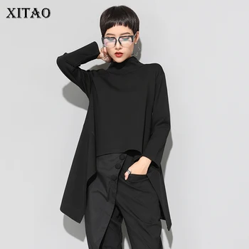 XITAO Vintage Čierna Korytnačka Krku T Shirt Ženy Plus Veľkosť Kawaii Bežné Dlhý Rukáv Nepravidelný Topy kórejské Oblečenie Nové ZLL1177