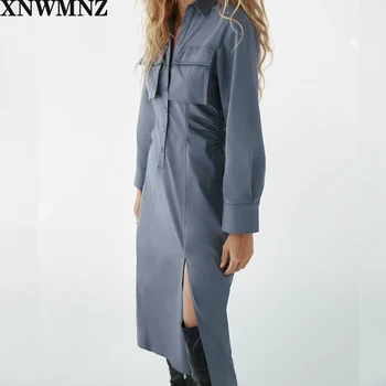 XNWMNZ Za Ženy 2020 Fashion tričko s golierom šaty vrecku pás Stretnutie Žien Elegantné midi Tlačidlo nahor šaty