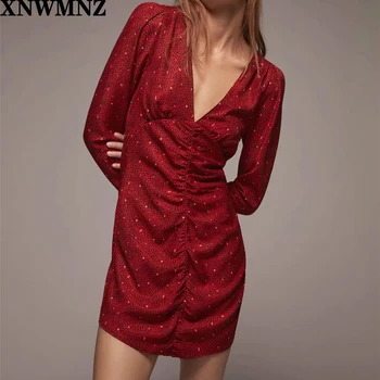 XNWMNZ Za ženy Vintage tlačené šaty žena bežné V-výstrih, dlhé rukávy lístkového ramená Krátke šaty Vpredu zhromažďovanie späť zip