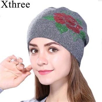 Xthree Žena Cashmere zimné klobúk pletené Skullies Čiapky klobúk pre ženy vlna výšivky, kvetinové klobúk dievčatá gorros