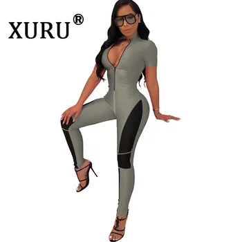 XURU Lete Nové Žien Trikot Colorblock Bežné Jumpsuit tvaru Zips Jumpsuit