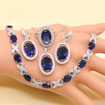 Xutaayi Modrá Semi-drahé 925 Sterling Silver Šperky Set pre Ženy, Náramok, Náušnice, Náhrdelník Prívesok, Prsteň Darček k Narodeninám