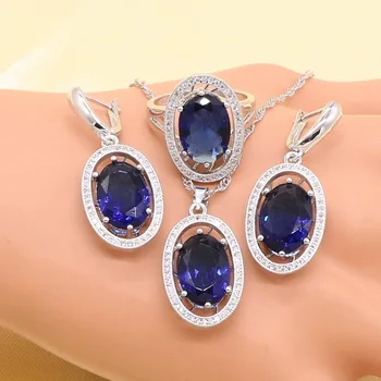 Xutaayi Modrá Semi-drahé 925 Sterling Silver Šperky Set pre Ženy, Náramok, Náušnice, Náhrdelník Prívesok, Prsteň Darček k Narodeninám
