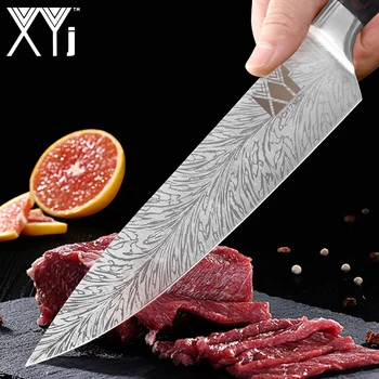 XYj 8pcs Nehrdzavejúcej Ocele Nože Nastaviť Damasku Vzor Čepeľ Farba Dreva Rukoväť Noža Sharpener Kuchyňa 6