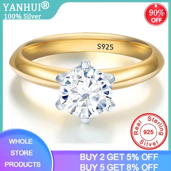 YANHUI Originálne 925 Pevné Strieborné Prstene Nádhernej Zlatej Farby 5,5 mm Zirconia Diamond Snubné Prstene Pre Ženy JR040