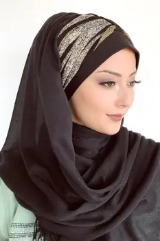 Yeni Moda Hidžáb Müslüman Başörtüsü Islami Kıyafet Türban Şapka Fular Kırçıllı Sarı Pembe Çizgili Büzgülü Hazır Şal