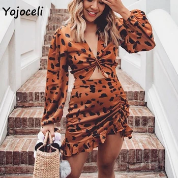 Yojoceli 2019 trendy leopard šaty s dlhým rukávom prehrabať mini šaty party club šaty žena vestidos
