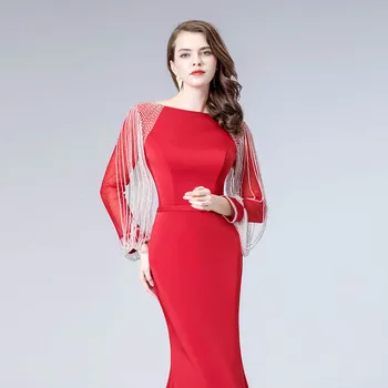 YQLNNE Elegantné Červené Večerné Šaty s Dlhým Rukávom Korálkové Morská víla Formálne Večerné Šaty Žien Party Šaty 2020