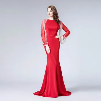 YQLNNE Elegantné Červené Večerné Šaty s Dlhým Rukávom Korálkové Morská víla Formálne Večerné Šaty Žien Party Šaty 2020