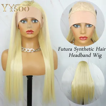 YYsoo Dlhé Hodvábne Rovné Blond Farba Futura Syntetické Vlasy Parochňa S Headwrap 613 Farba Hlavový Most Parochne Pre Ženy, Dievčatá